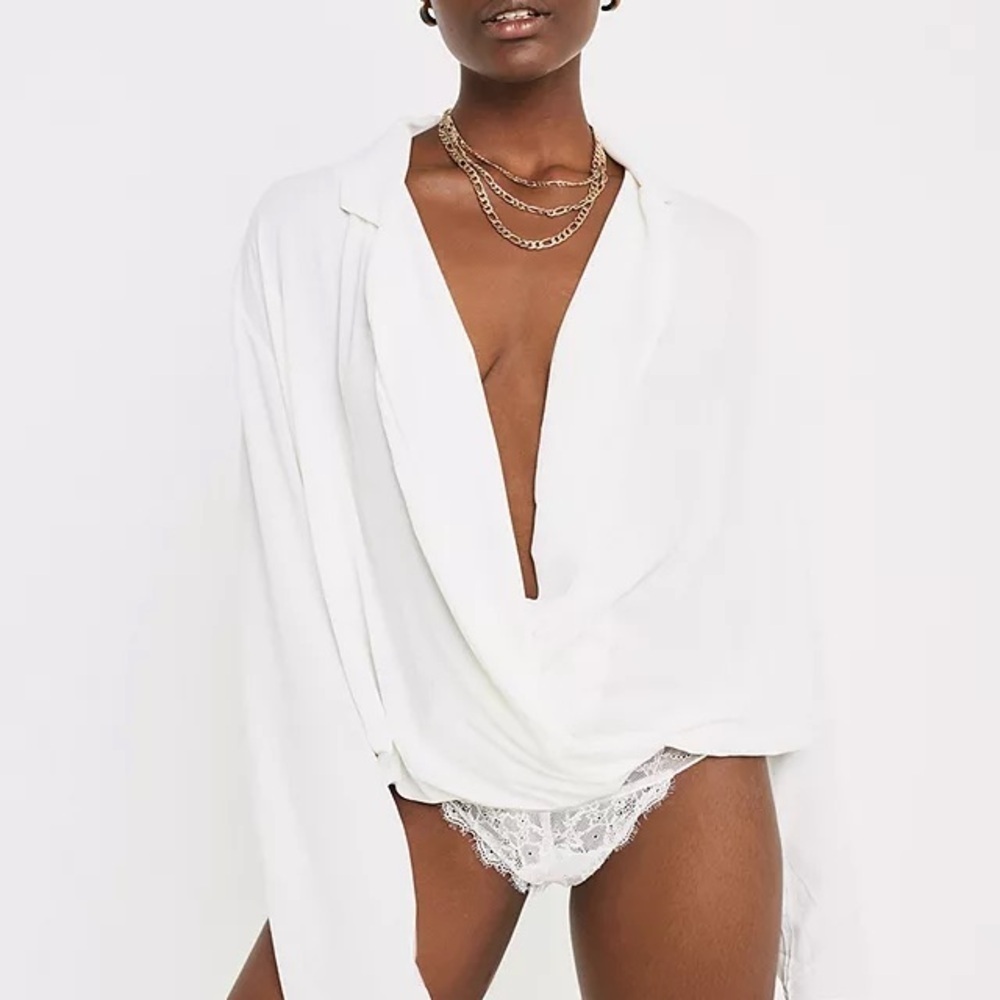 Free People - Elsa Ivory Cream Collared Oversized Lace Snap Bodysuit Size XS